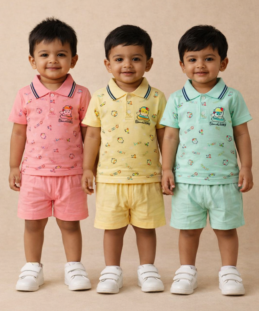 Boy & Girl Baby Unisex Cotton Polo/Collar Babies Co-ord Set Combo / Age 0-24 Months (Tshirt & Shorts Set Pack of 3) - 2120