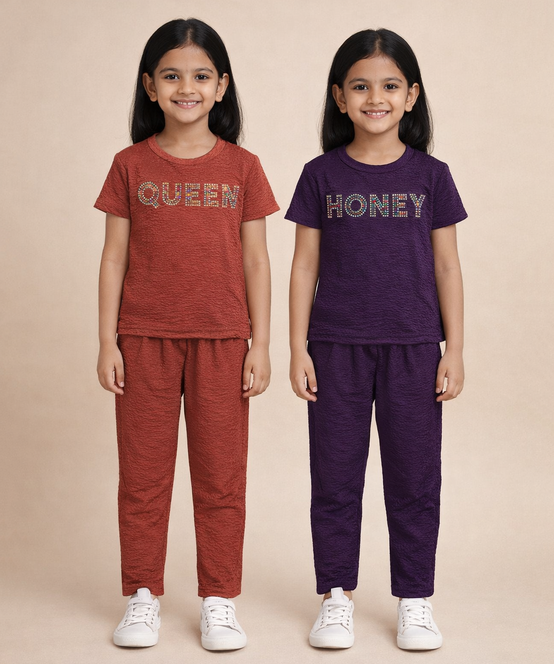 Girls Textured Polyester Co-ord Set | Half Sleeve Top & Pants | Pack of 2 Pieces