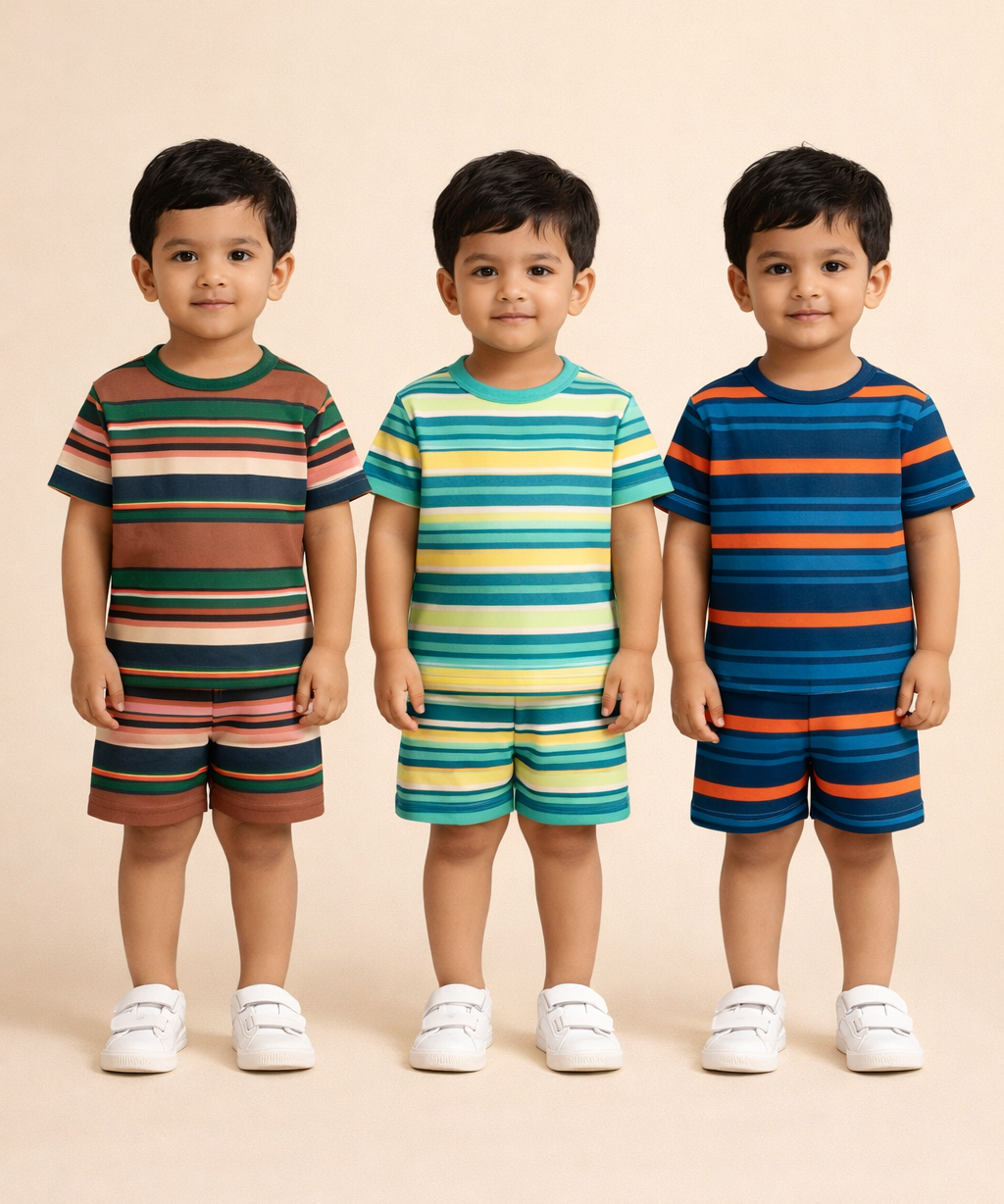 Boys Cotton Stripes Kids Co-ord Set Combo / Age 1-4 Years | T-shirt & Shorts (Combo Set Pack of 3)