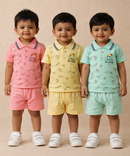 Boy & Girl Baby Unisex Cotton Polo/Collar Babies Co-ord Set Combo / Age 0-24 Months (Tshirt & Shorts Set Pack of 3) - 2120