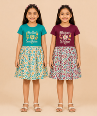 Girls Printed Half Sleeve Cotton Contrast Frock Dress | Floral Knee Length Casual Wear for Kids | Age - 5 to 10 Years | (Pack of 2)