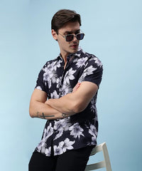 New Life Mens Lycra Shirt, Floral Printed Shirt, Half sleeve Print Shirt, Men’s Regular Fit Shirt, Stretchable Spread Shirt