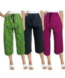 Women Night Wear 100% Cotton Printed Capri / 3/4 Shorts Combo (Pack of 3)