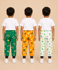 Kids Printed Cotton Track Pants for Boys | Soft Elastic Waist Full Length Joggers | Age 6 Months-5 Years | Pack of 3 Pieces