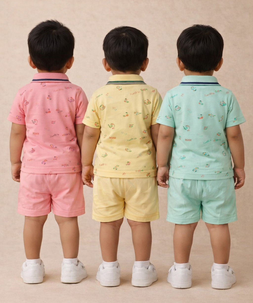 Boy & Girl Baby Unisex Cotton Polo/Collar Babies Co-ord Set Combo / Age 0-24 Months (Tshirt & Shorts Set Pack of 3) - 2120