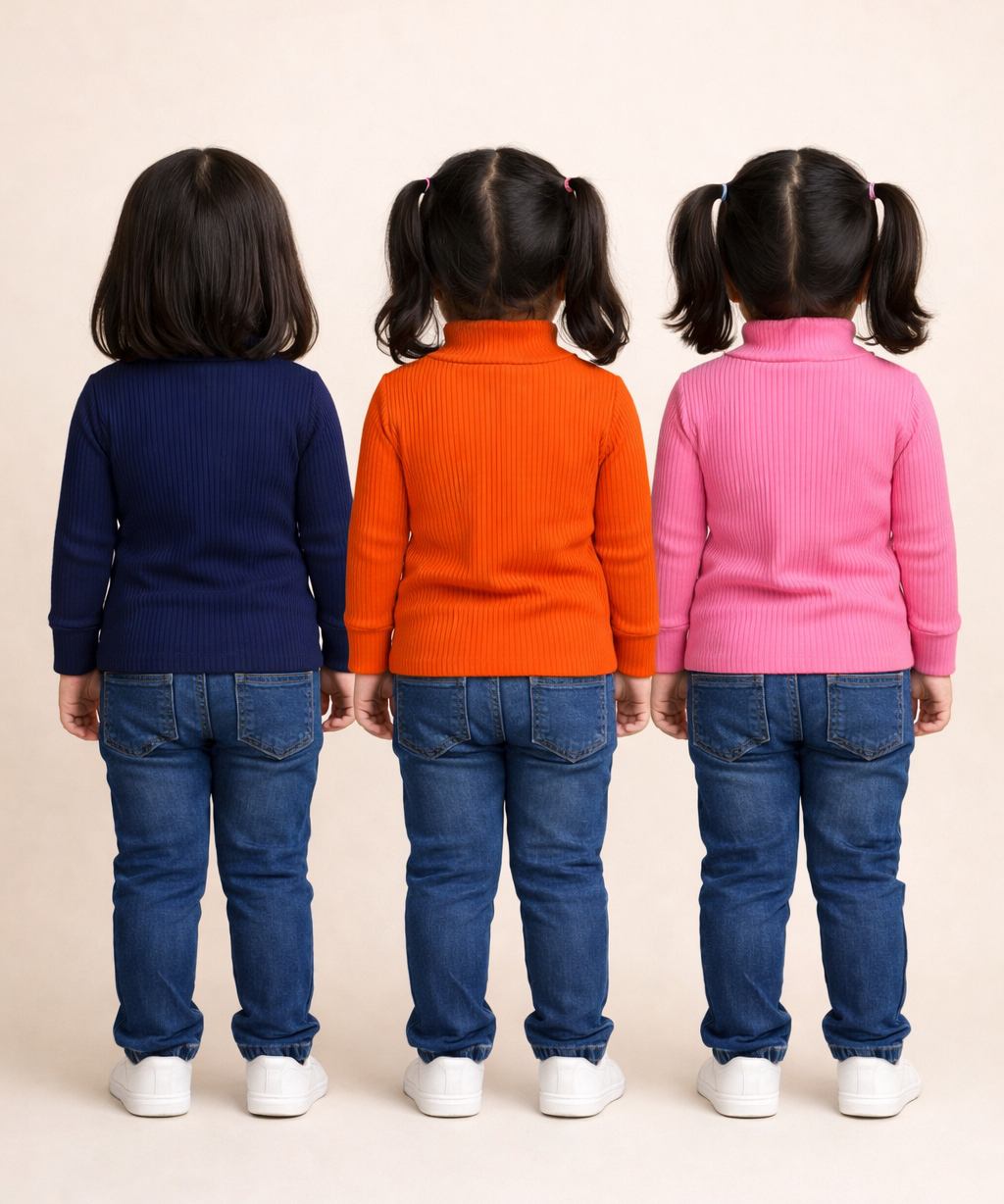 Kids Girls Full Sleeve Hi-Neck Plain Rib T-shirt | Age 0 to 5 Years (Pack of 3)