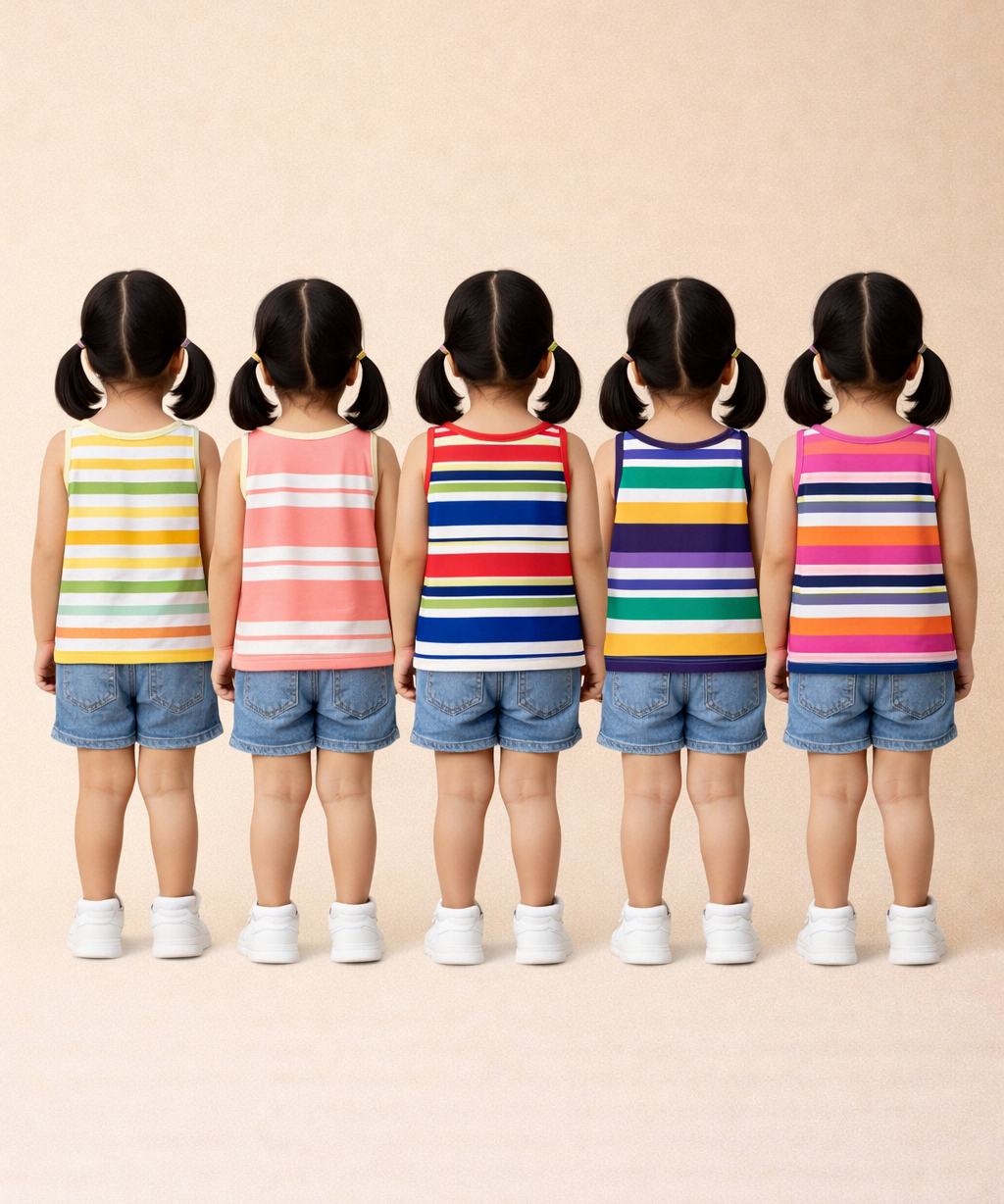 Cotton Stripes Kids Girls Sleeveless T-shirt (Pack of 5)