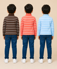 Kids Boys Full Sleeve Hi-Neck Stripes Rib T-shirt | Age 9 to 24 Months | Pack of 3 Pieces
