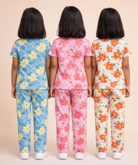 Girl Kids All Over Printed Co-ord Set | Tshirt and Pant | Age 2 to 10 Years (Pack of 3 Sets)