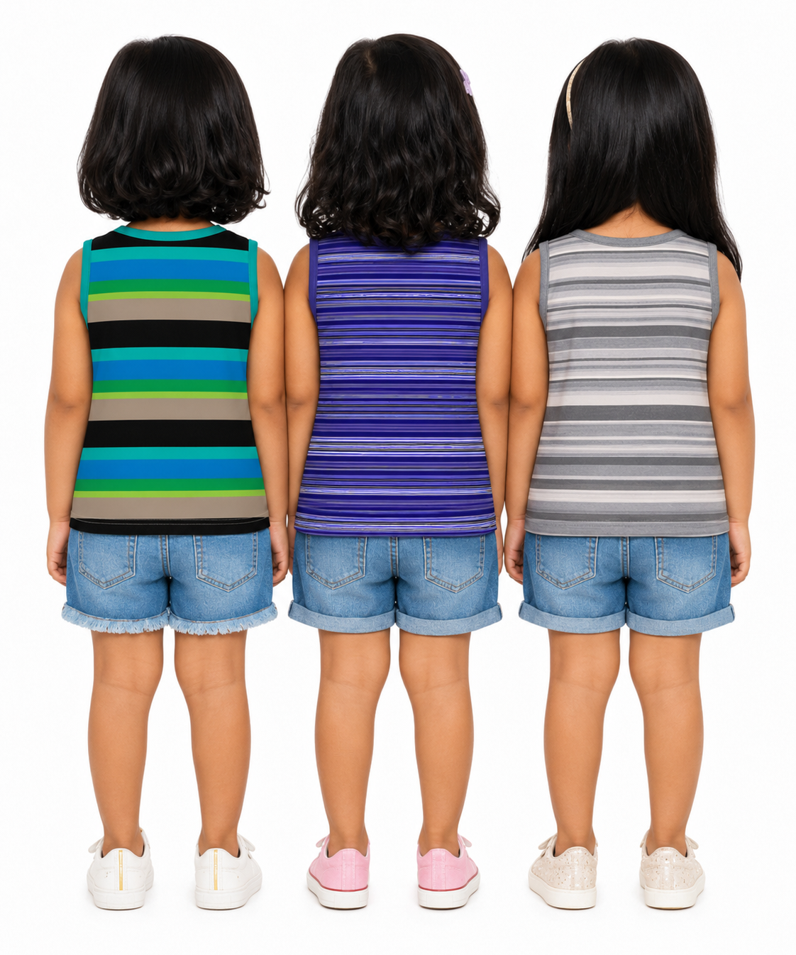 Cotton Stripes Girls Kids Sleeveless Tshirt (Pack of 3)