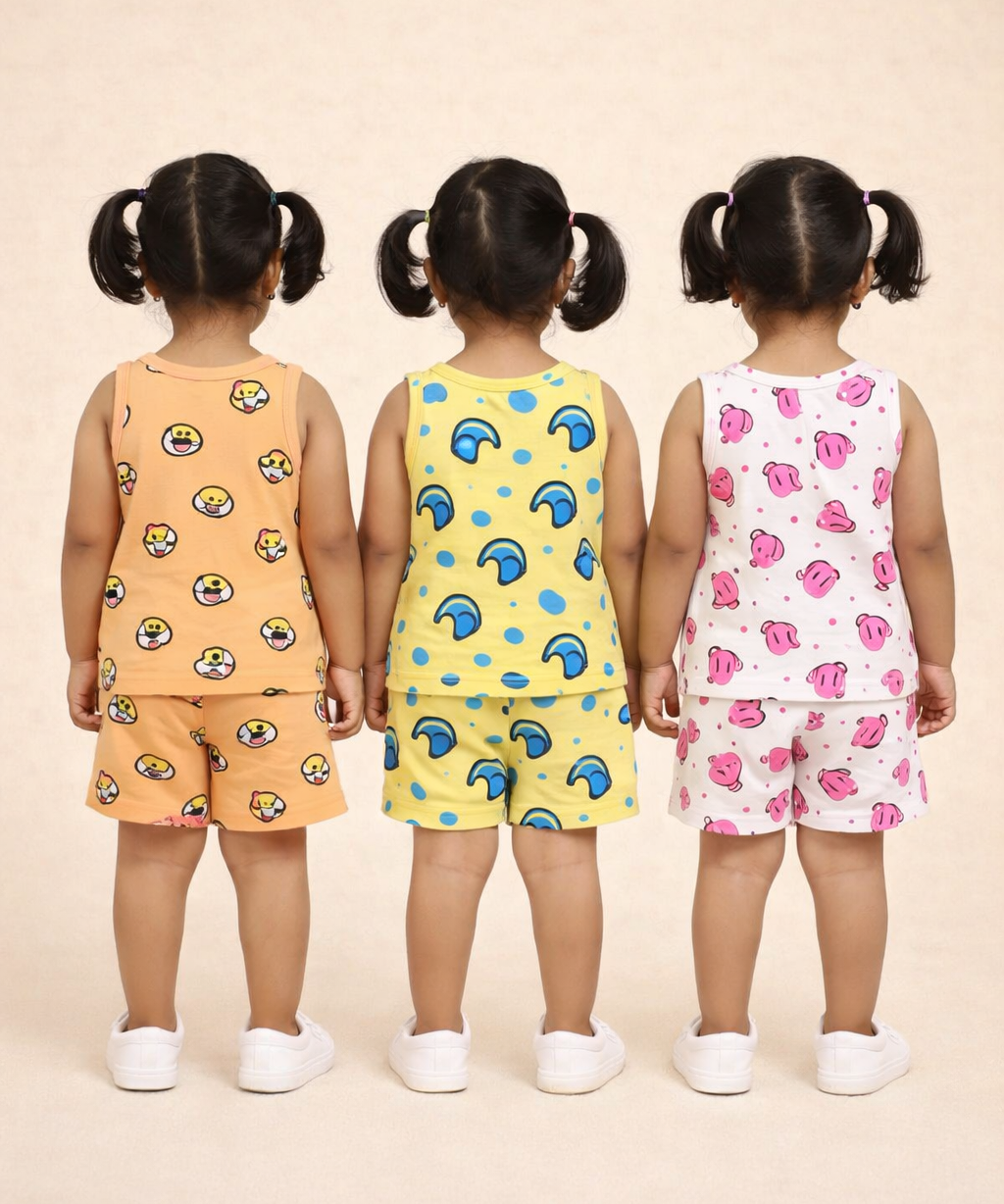 Girls Cotton Cartoon Printed Kids Sleeveless Set Combo | Age 0 to 3 Years | Sleeveless T-shirt & Shorts Co-ord Set (Pack of 3 Sets)