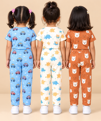 Girl Kids All Over Printed Tshirt and pant Co-ord Set | Age 6 Months to 4 Years (Pack of 3 Sets)