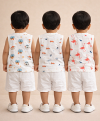 Baby Boys Sleeveless Muslin Cotton Printed Jebla Vest | 3–6 Months (Pack of 3)