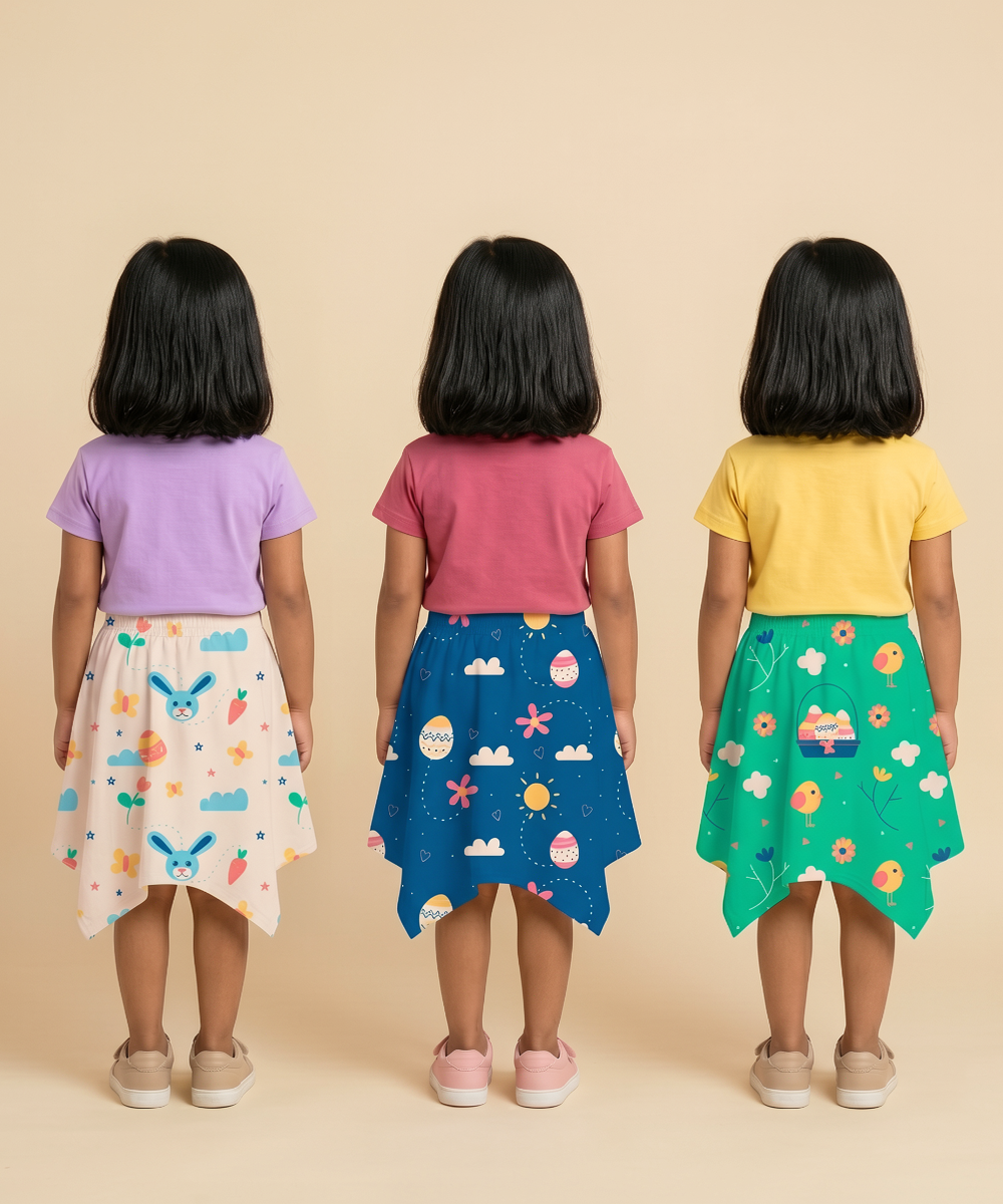 Cotton Fish Midi Floral Printed Skirt | Casual wear for Girl Kids Age 2 To 9 Years (Pack of 3)