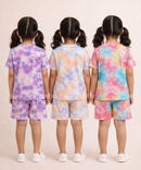 Kids Girls Tie-Dye Cloud Print Cotton T-Shirt & Shorts Co-ord Set | Pack of 3 Pieces | Age 1–4 Years