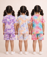 Kids Girls Tie-Dye Cloud Print Cotton T-Shirt & Shorts Co-ord Set | Pack of 3 Pieces | Age 1–4 Years