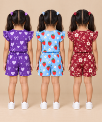 Girls All Over Printed | Flutter Sleeve Tshirt and Shorts Co-ord Set | Age 0 to 3 Years (Pack of 3 Sets)