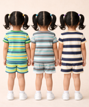 Girls Cotton Stripes Kids Co-ord Set Combo / Age 1-4 Years | T-shirt & Shorts (Combo Set Pack of 3)
