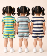 Girls Cotton Stripes Kids Co-ord Set Combo / Age 1-4 Years | T-shirt & Shorts (Combo Set Pack of 3)