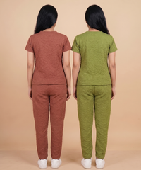 Women Textured Polyester Co-ord Set | Half Sleeve Top & Pants | Pack of 2 Set Combo