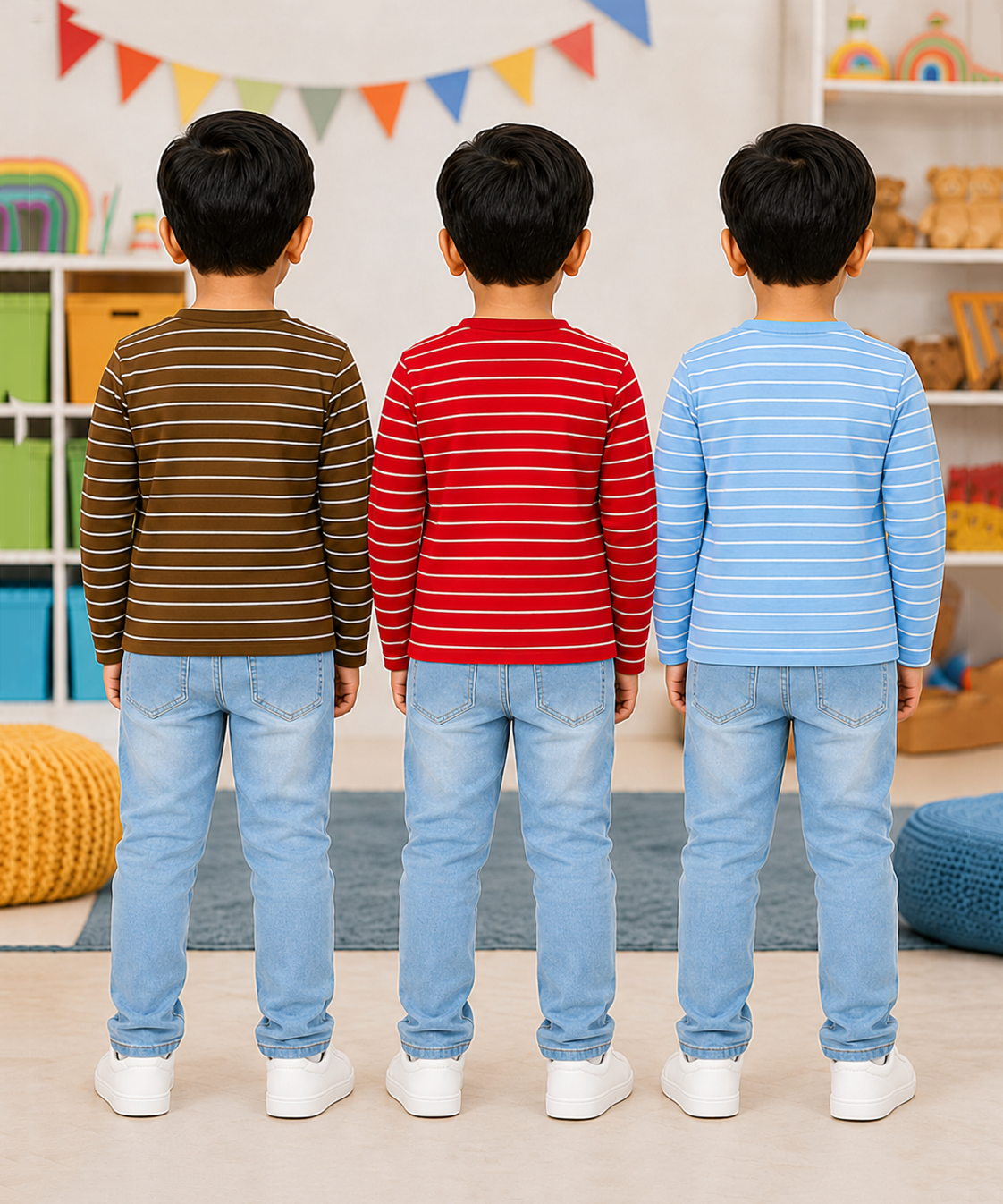 Kids Stripes Full Sleeve Cotton Tshirt | Age 0 to 3 Years (Pack of 3 Pieces)