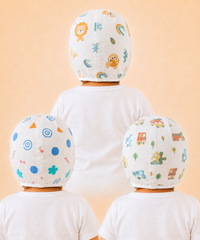 Baby Muslin Cotton Printed Bonnet Cap with Chin Tie – Soft & Comfortable Infant Headwear | 0–12 Months (Pack of 3)