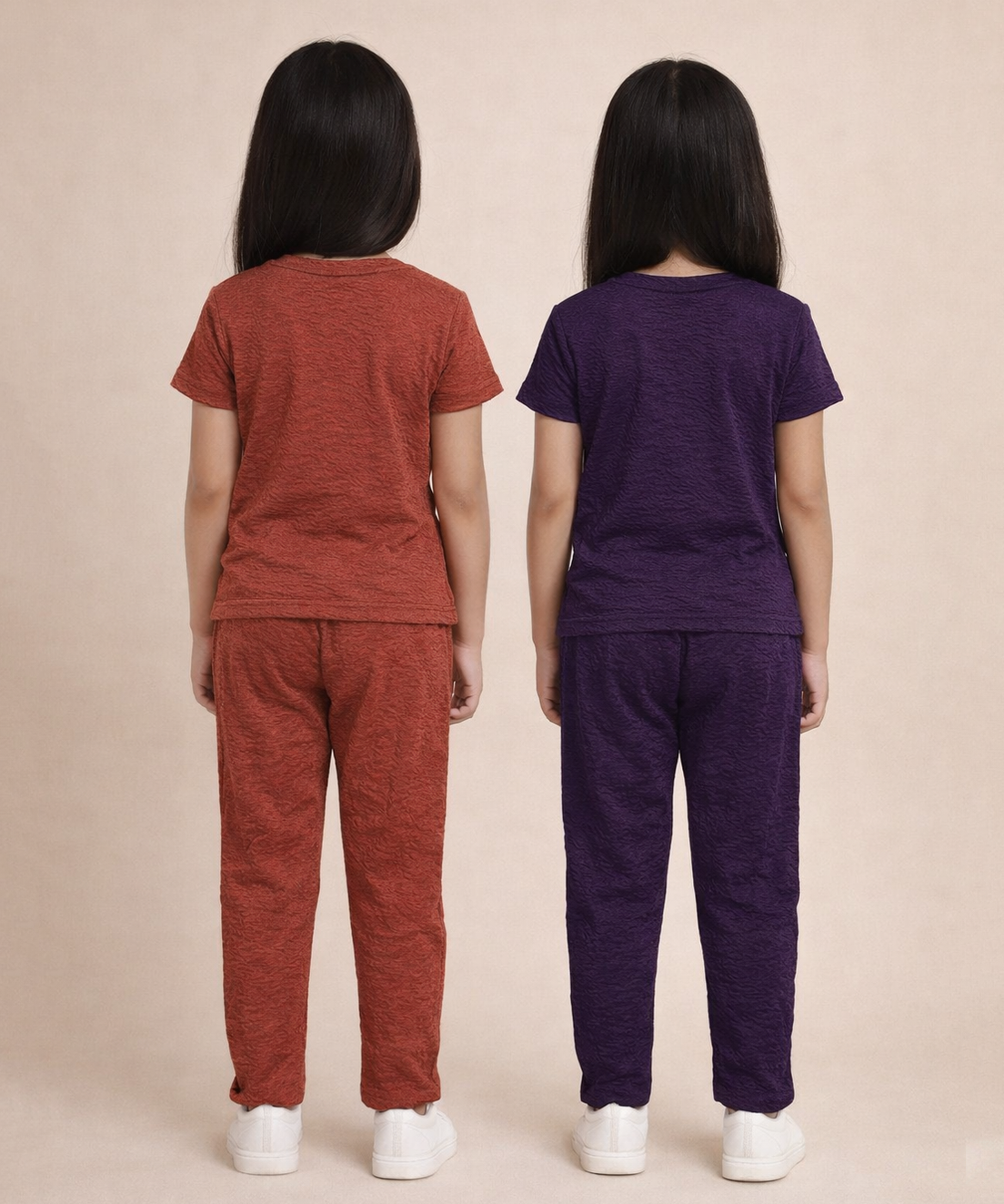 Girls Textured Polyester Co-ord Set | Half Sleeve Top & Pants | Pack of 2 Pieces