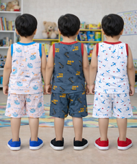 Boys Cotton Cartoon Printed Kids Sleeveless Set Combo | Age 0 to 3 Years | T-shirt & Shorts (Combo Set Pack of 3)