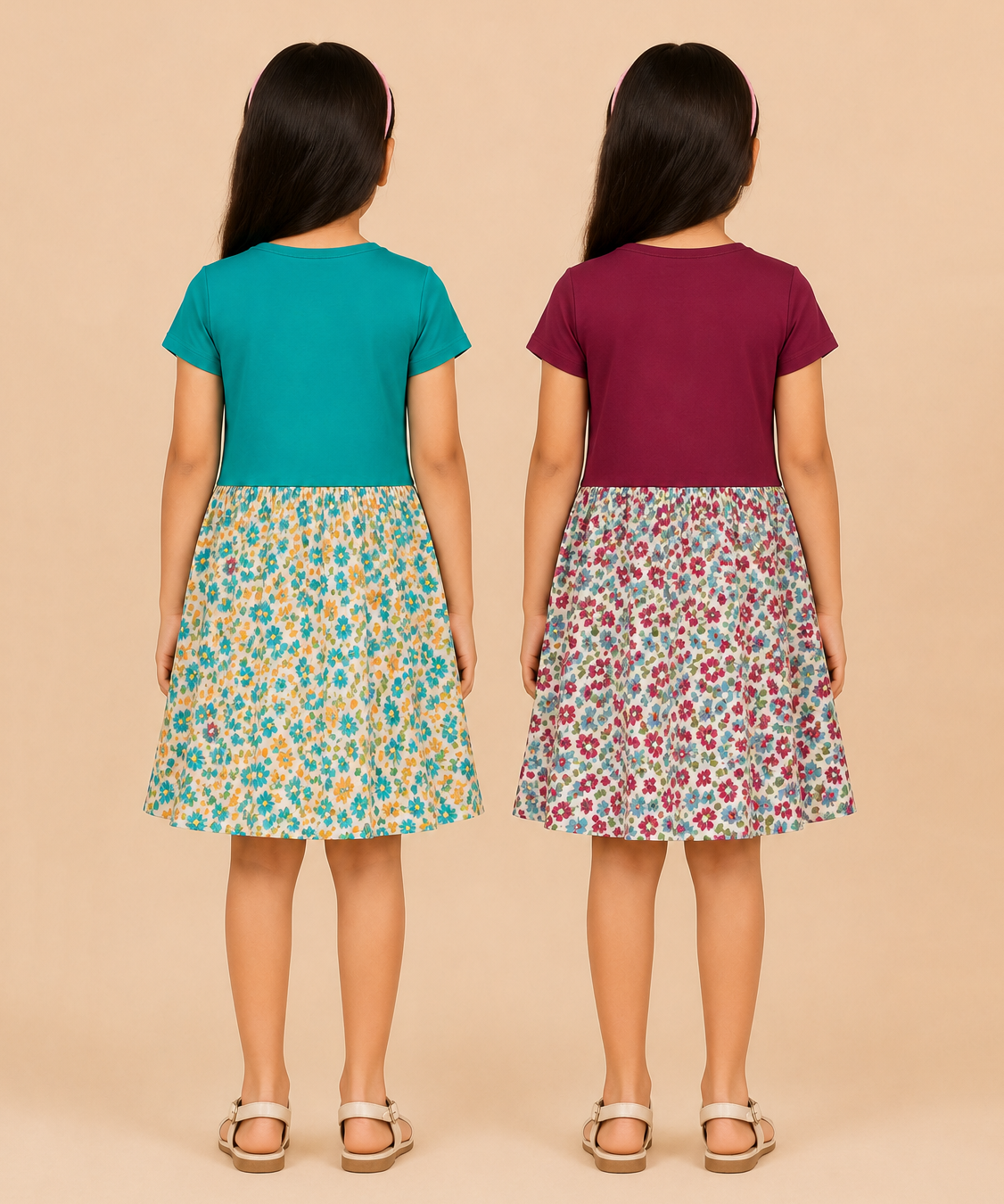 Girls Printed Half Sleeve Cotton Contrast Frock Dress | Floral Knee Length Casual Wear for Kids | Age - 5 to 10 Years | (Pack of 2)