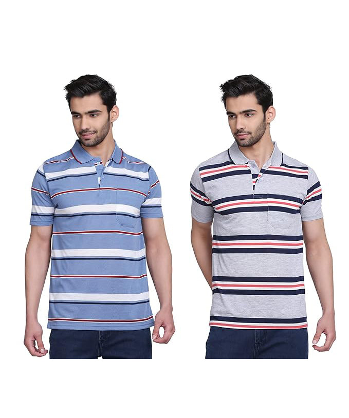 Mens Polo or Collar Stripes Tshirt with Pocket (Pack of 2)