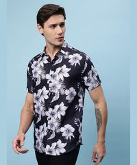 New Life Mens Lycra Shirt, Floral Printed Shirt, Half sleeve Print Shirt, Men’s Regular Fit Shirt, Stretchable Spread Shirt