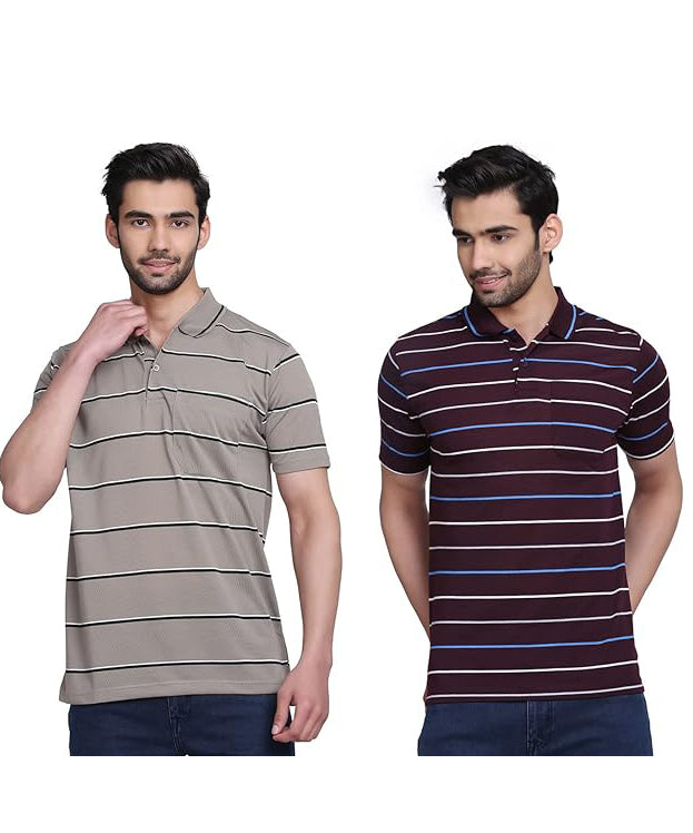 Mens Polo or Collar Stripes Tshirt with Pocket (Pack of 2)