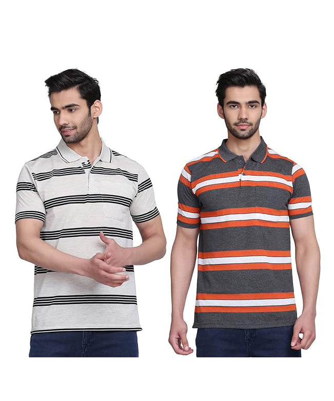 Mens Polo or Collar Stripes Tshirt with Pocket (Pack of 2)