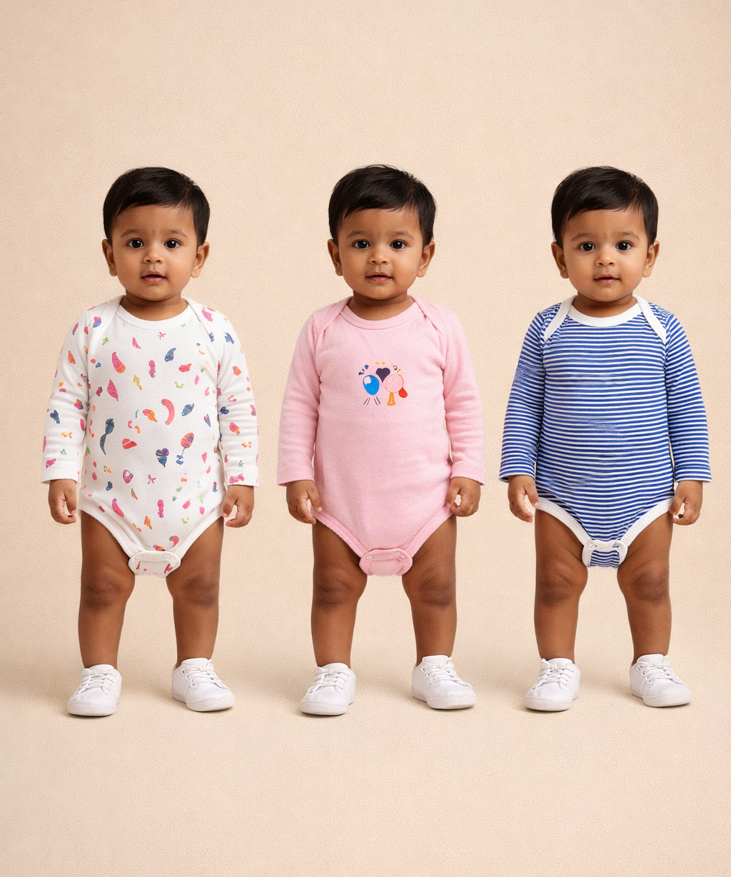 Boy & Girl Baby Long Sleeve Bodysuit | 100% Pure Cotton | Age 0-12 Months (Pack of 3 Combo)