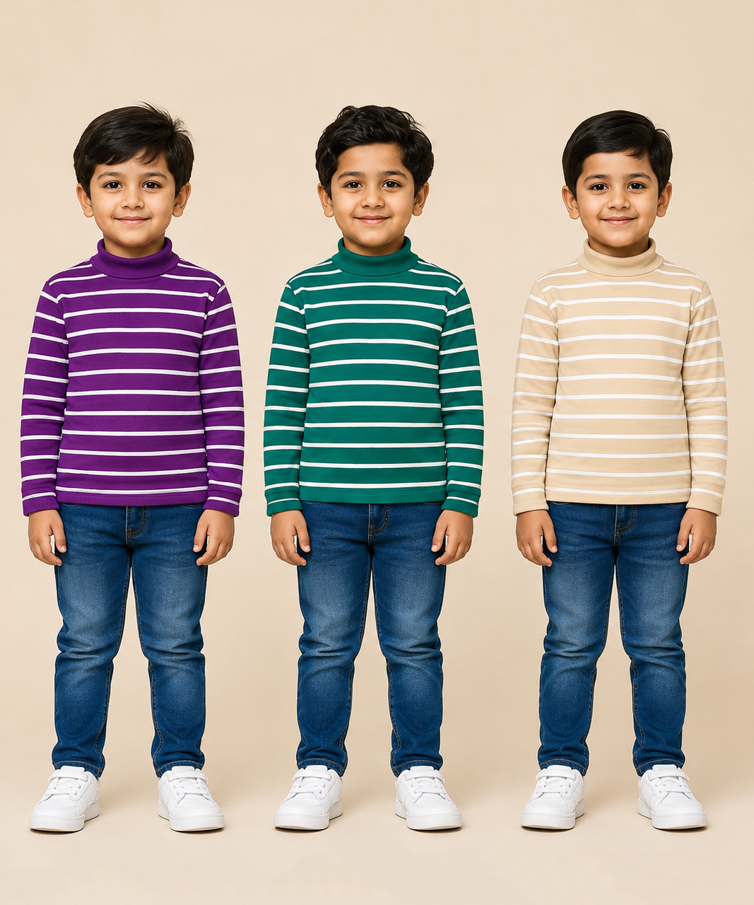 Kids Boys Full Sleeve Hi-Neck Stripes Rib T-shirt | Age 9 to 24 Months | Pack of 3 Pieces