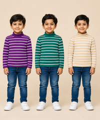 Kids Boys Full Sleeve Hi-Neck Stripes Rib T-shirt | Age 9 to 24 Months | Pack of 3 Pieces