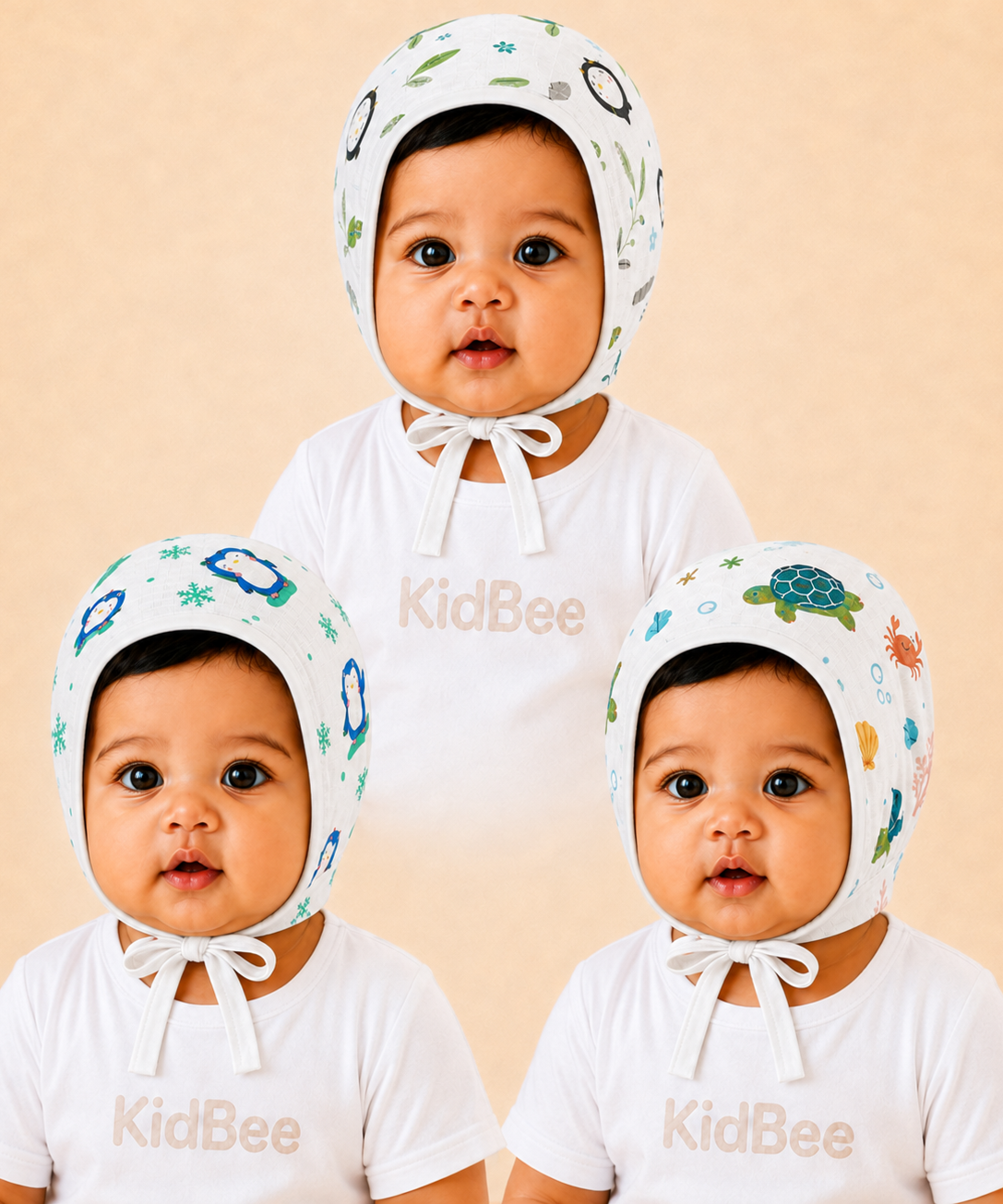 Baby Muslin Cotton Printed Bonnet Cap with Chin Tie – Soft & Comfortable Infant Headwear | 0–12 Months (Pack of 3)