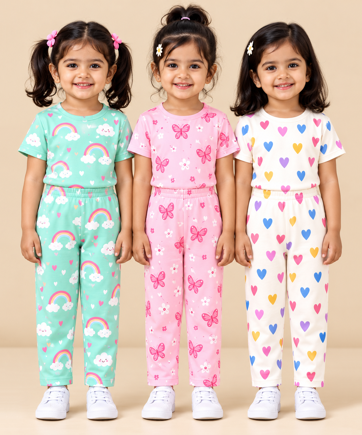 Girl Kids All Over Printed Tshirt and pant Co-ord Set | Age 6 Months to 4 Years (Pack of 3 Sets)