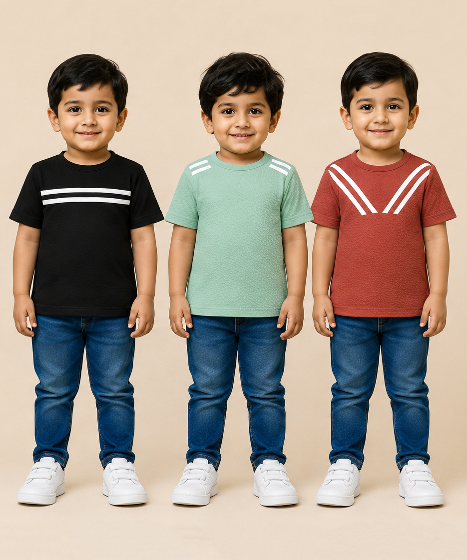 Kids Boys Popcorn Stripes Half Sleeve T-Shirt | Age 3 to 6 Years (Pack of 3 Pieces)
