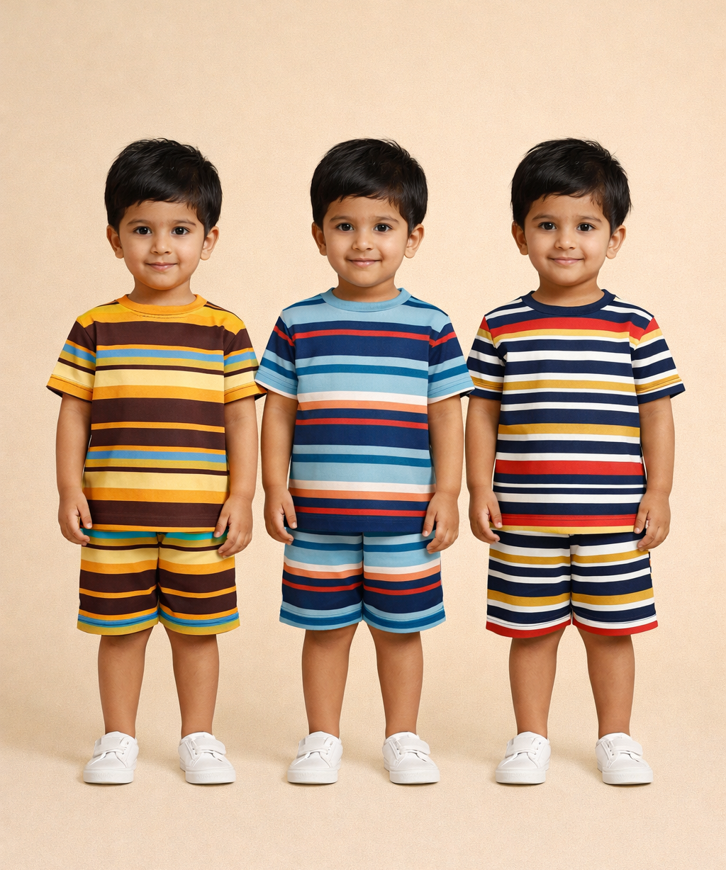 Boys Cotton Stripes Kids Co-ord Set Combo / Age 1-4 Years | T-shirt & Shorts (Combo Set Pack of 3)