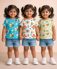Kids Girls Cotton Printed T-shirt | 0 to 3 Years (Pack Of 3 Pieces)