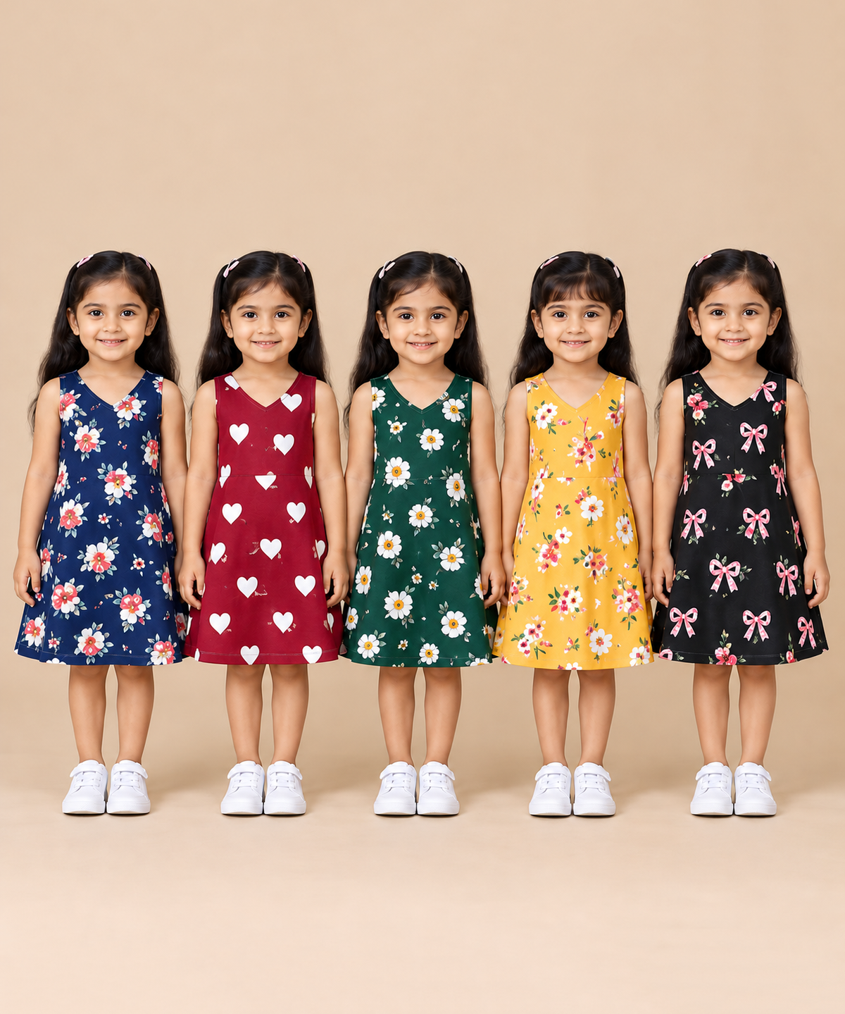 Girls 100% Cotton All Over Printed 2 To 5 Years Gown Dress/Frock Dress (Pack of 5)