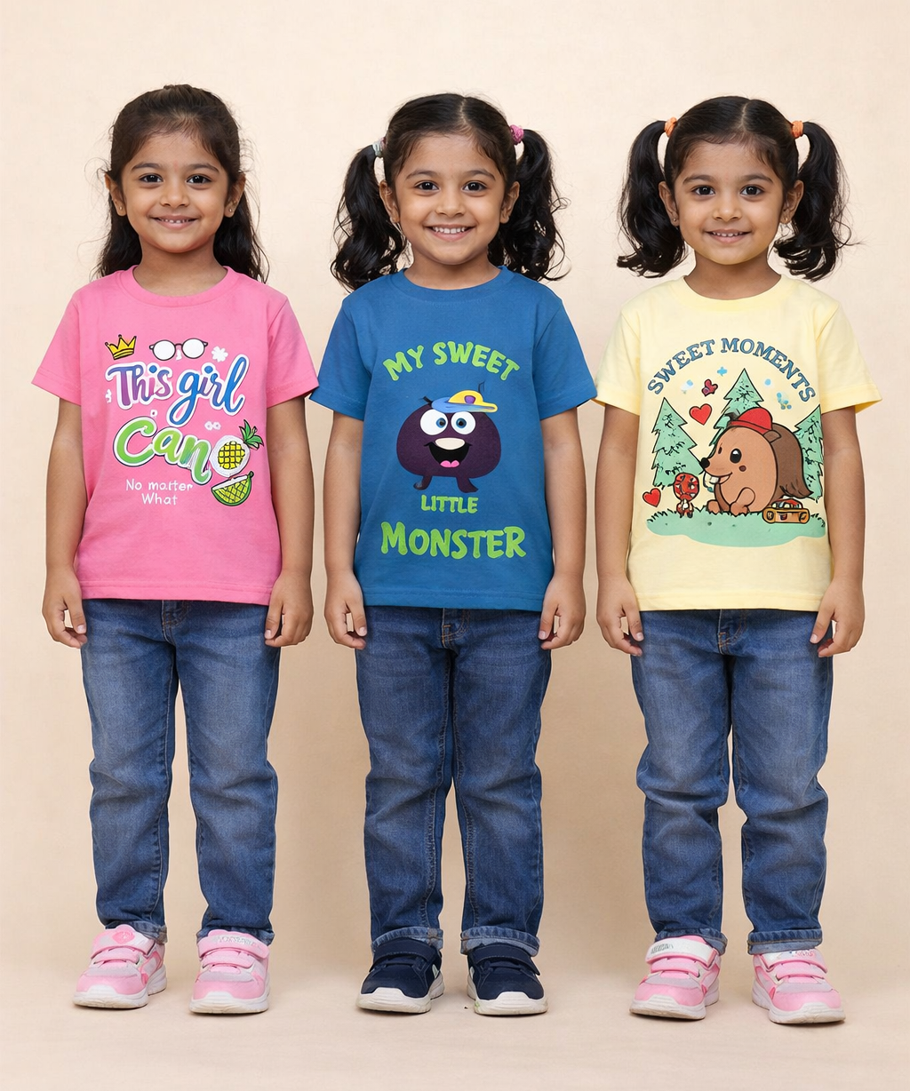 Kids 100% Cotton Fine Tshirt With Printed Multi Colour | Age 1 to 6 Years (Pack of 3 Pieces)