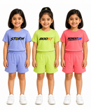 Kids Typography Print T-Shirt & Shorts Co-Ord Set for Girls | Age 6 Months-3 Years | Pack Of 3 Set Combo