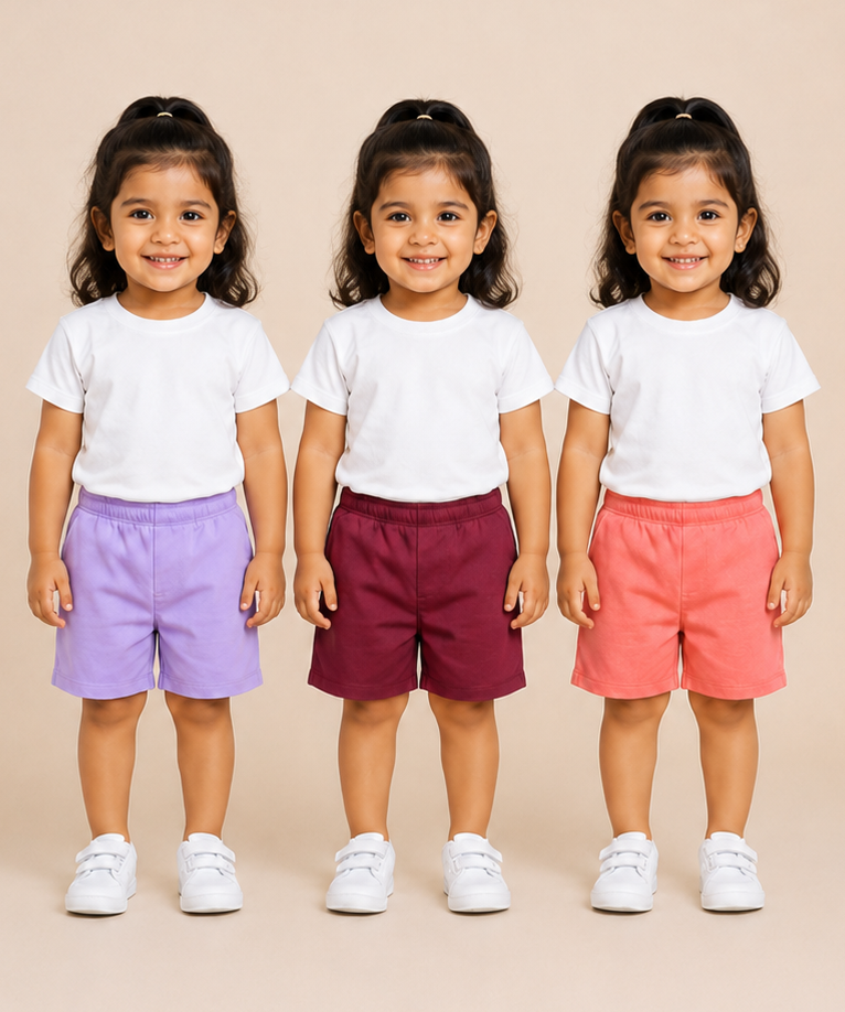 Pure Cotton Plain Shorts for Girls Kid with Elastic Age 3 Months to 4 Years (Pack of 3)