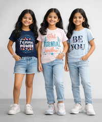 Girls Printed Casual Round Neck T-shirt (Pack of 3 Pieces)