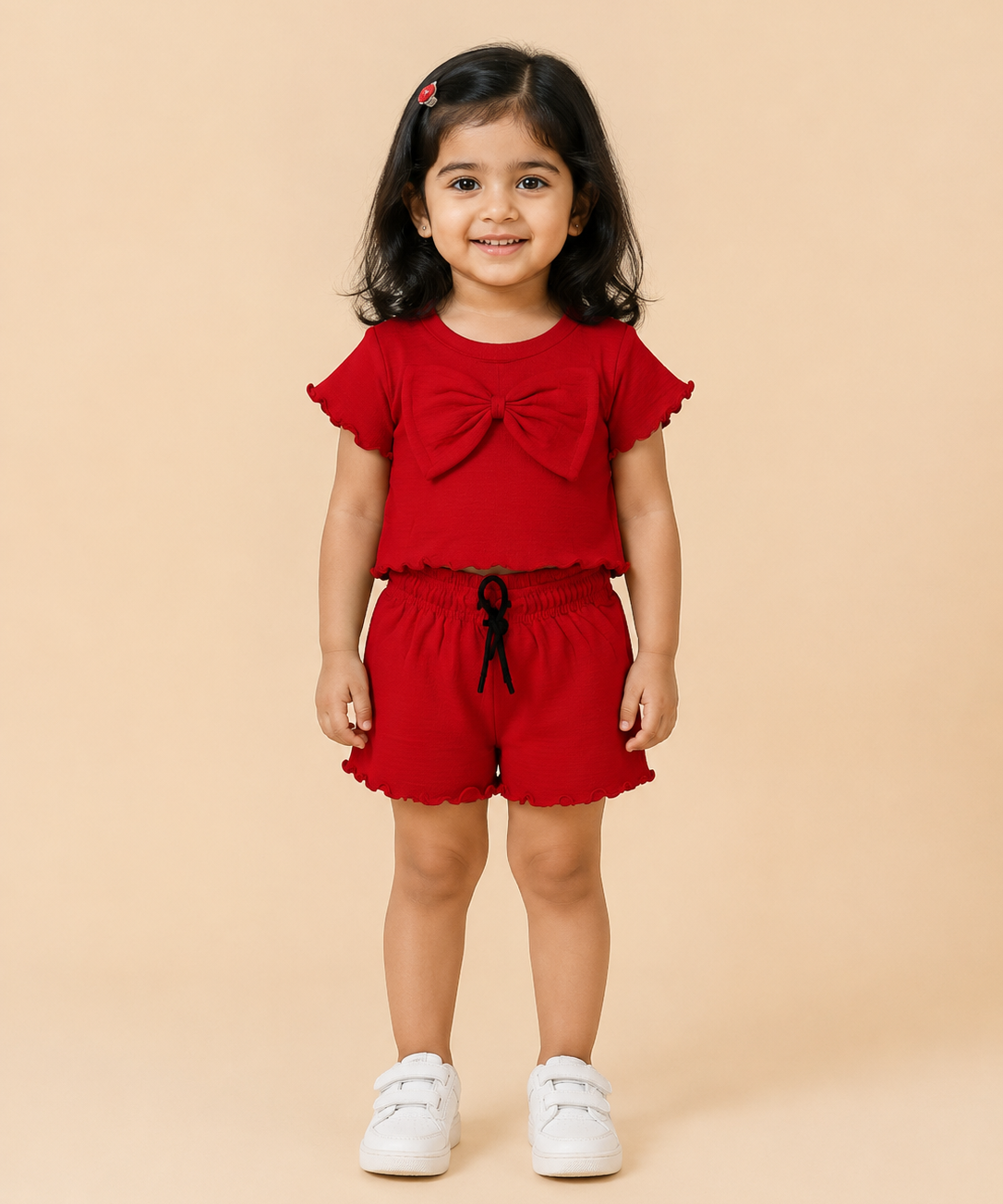 Girls Solid Red Cotton Co-Ord Set for Kids | Age 1 to 10 Years | Bow Design Crop Top & Shorts Combo Set