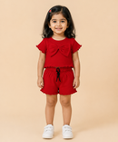 Girls Solid Red Cotton Co-Ord Set for Kids | Age 1 to 10 Years | Bow Design Crop Top & Shorts Combo Set