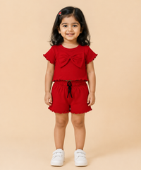 Girls Solid Red Cotton Co-Ord Set for Kids | Age 1 to 10 Years | Bow Design Crop Top & Shorts Combo Set