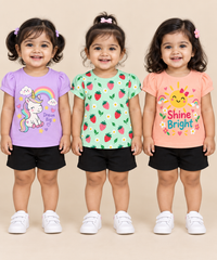 Baby Girls All Over Printed Cotton T-Shirt Multi Colour | Age 3 to 24 Months (Pack of 3 Pieces)